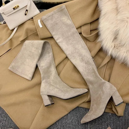 Sexy High Boots Over The Knee, Warm Boots, Suede Back Zipper, Square Heel