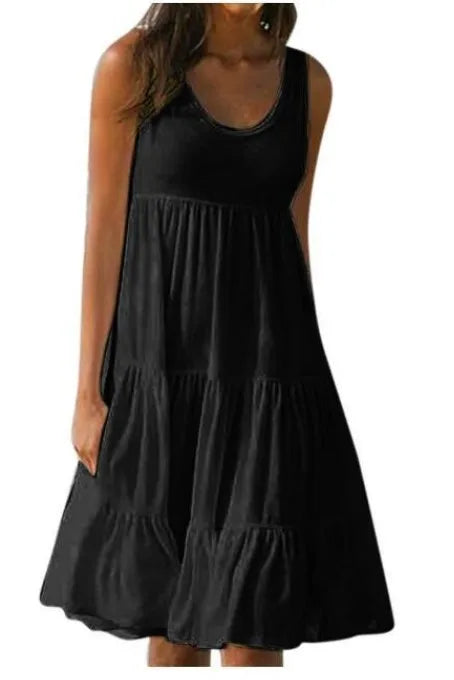 Sizes to 5XL, Casual Boho Tank Top Neck, Sleeveless, Tiered Ruffles, Oversized Loose Dress