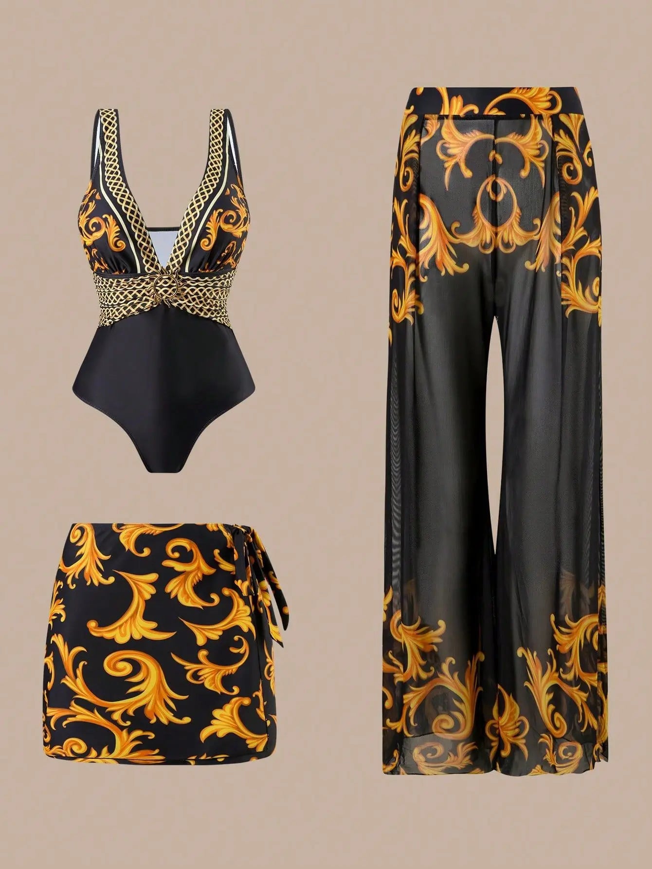 Sexy Three-Piece Swimsuit Set, High Elasticity Backless Swimwear. Skirt and Pants