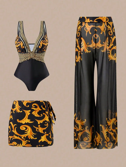Sexy Three-Piece Swimsuit Set, High Elasticity Backless Swimwear. Skirt and Pants