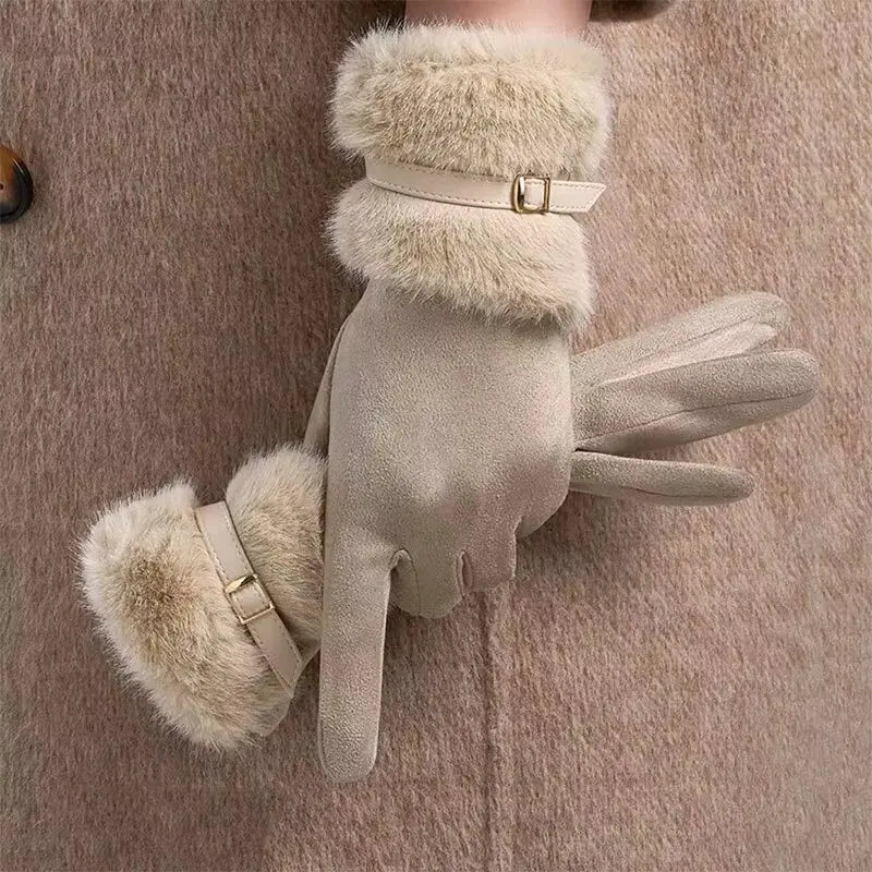 Warm Gloves Fleece Lined Windproof Cold-Resistant Touchscreen Compatible with Plush Decoration