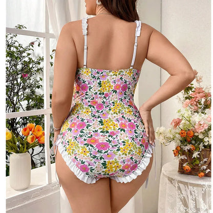 Sizes 1XL to 4XL, One Piece Swimsuit, Flower Printed, Adjustable Straps, and Lined with Lace
