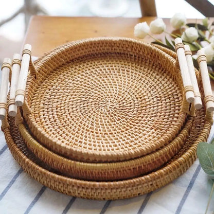 Handwoven Rattan Tray & Food Presentation Basket | Eco-Friendly Kitchen Organizer with Handles