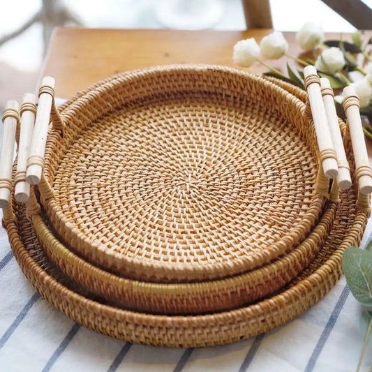 Handwoven Rattan Tray & Food Presentation Basket | Eco-Friendly Kitchen Organizer with Handles