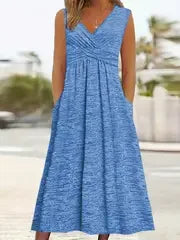 Sizes to 6 XL, Casual V-Neck, Empire Waist, Short Sleeve, Breathable, A-Line Dress with Pockets