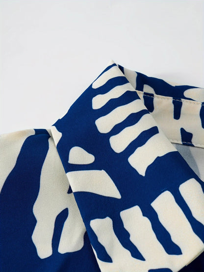 Sizes to XXL Long Sleeve Casual Dress, Blue and White Geometric Print, Button Down A Line Dress