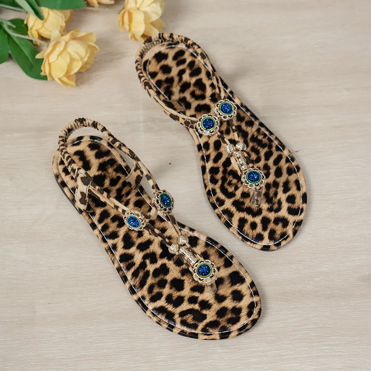 Bohemian Beaded Roman Style Sandals, Large Sizes, Flat Leopard Print Bottoms