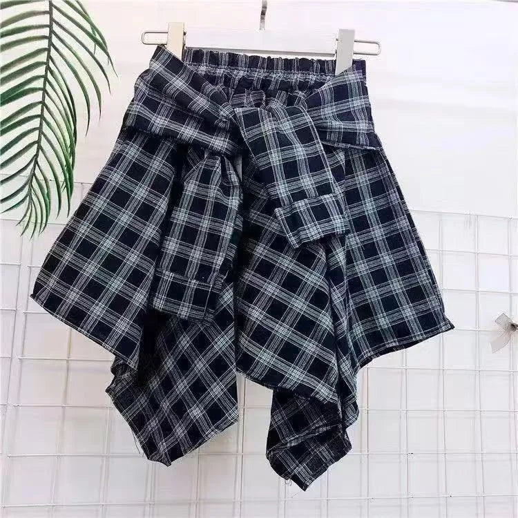 Sporty Street Style with Ruffle and Bow Tie Asymmetrical Hankie Hemline Elastic Waist, Plaid Patterned Skirt--Sizes 58 Centimeter Waist