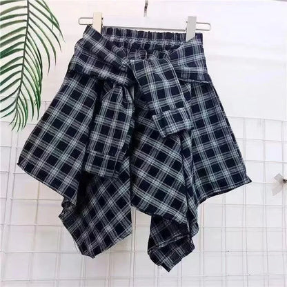 Sporty Street Style with Ruffle and Bow Tie Asymmetrical Hankie Hemline Elastic Waist, Plaid Patterned Skirt--Sizes 58 Centimeter Waist
