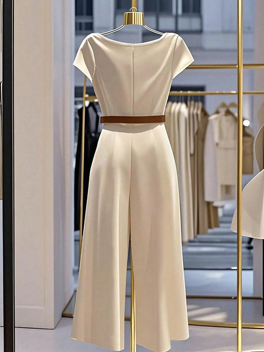 European American style satin jumpsuit with pile collar, wide legs, and belted