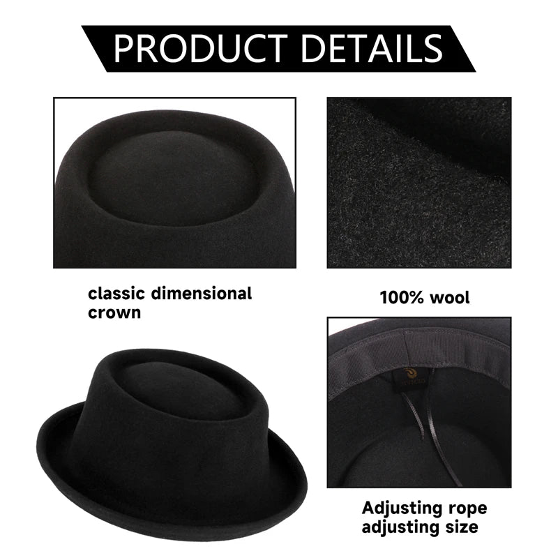 100% Wool Pork Pie Fedora Hat for Women and Men