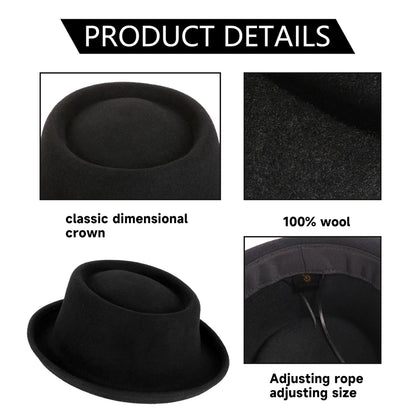 100% Wool Pork Pie Fedora Hat for Women and Men