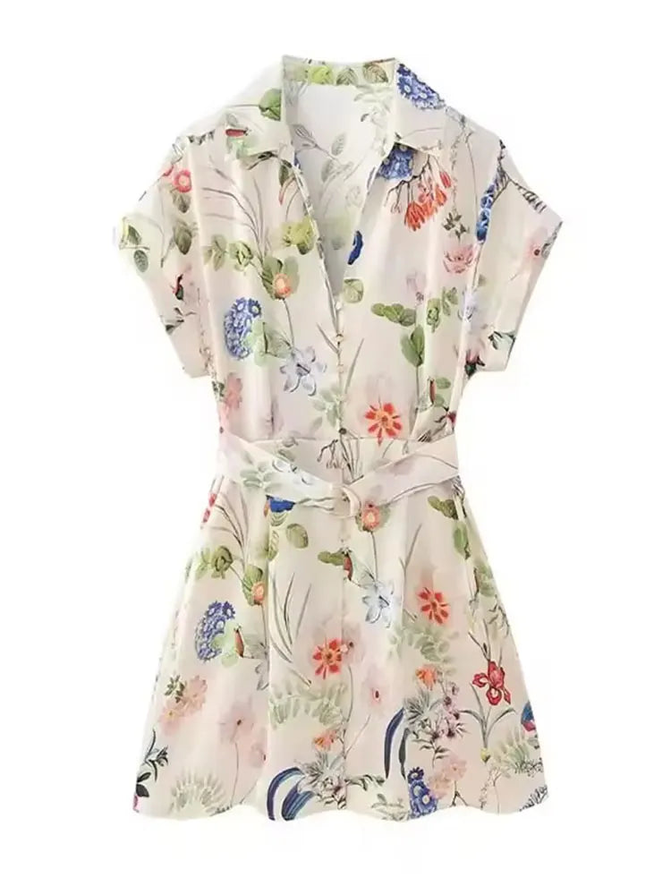 Boho Floral Print Shirt Mini Dress With Belt and Button Down Front, Tie Waist