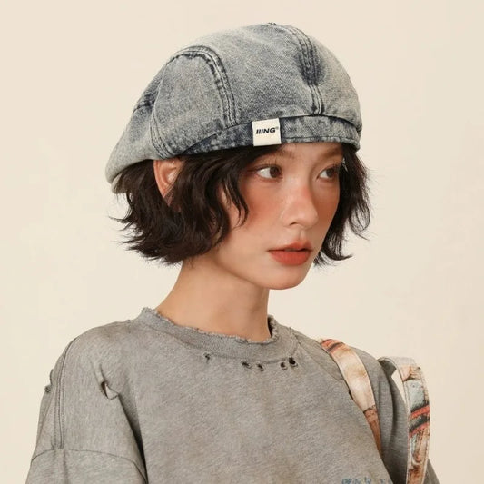 Quality Retro Pre-Washed Denim Beret Versatile Good Face-forward Hat