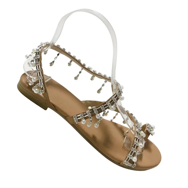 Ladies'  Decorative Pearl Sandals with Ankle Straps and Open Toes. Casual or Dressy and Lightweight