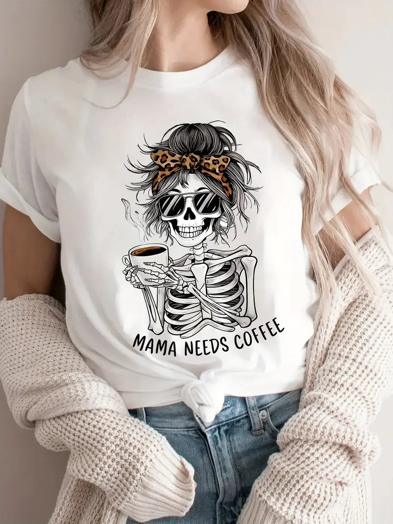 Vintage "Mama Needs Coffee" Casual Graphic Skeleton Short Sleeve T-Shirt
