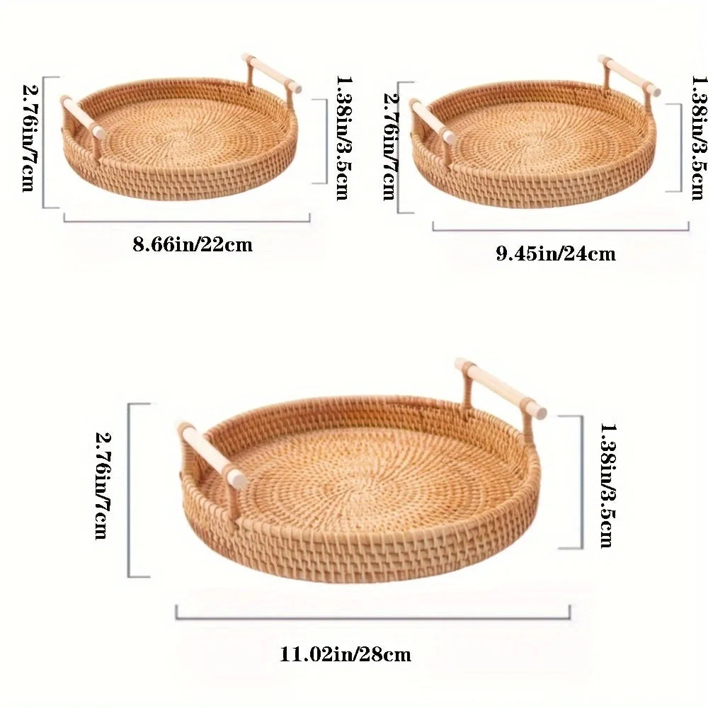 Handwoven Rattan Tray & Food Presentation Basket | Eco-Friendly Kitchen Organizer with Handles
