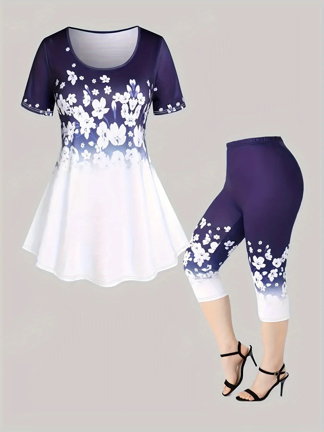 Sizes to 5XL, 2 Piece Casual Suits, Blue and White Flower Print on Top and Pants, Short Sleeve, Round Neck, Capri Pants