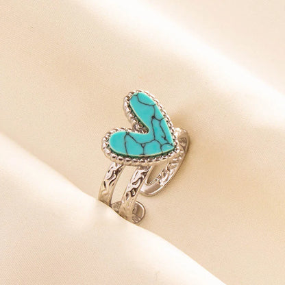 1pc Boho Turquoise Ring Stainless Steel Light Blue Gemstone Silver Adjustable Ring