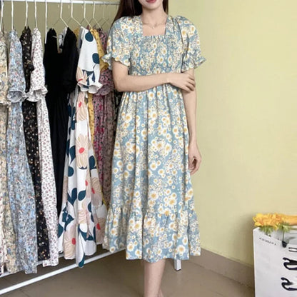14 Patterns Elastic Waist Chiffon Dress  Short Sleeve Pleated A-line Dresses