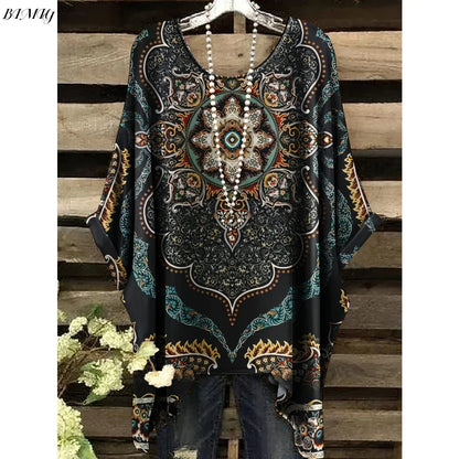 30 Different Style Bohemian Floral Tunics Plus Size to 3XL, 30 Vibrant Colors, Open Round Neck, Hankie Hem, Loose baggy sleeves