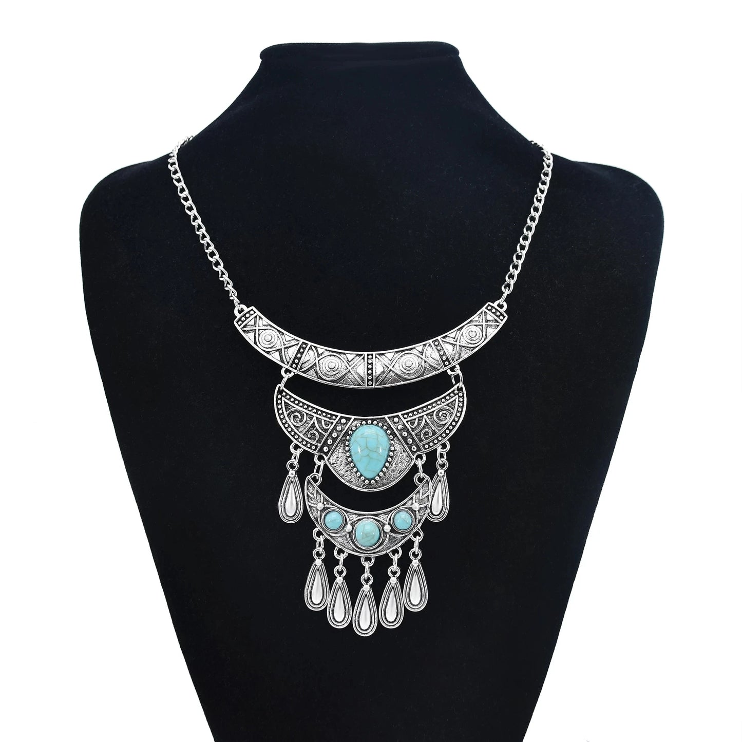 Bohemian Black Blue Stones, Coin tassel Necklace Turkish Gypsy Boho