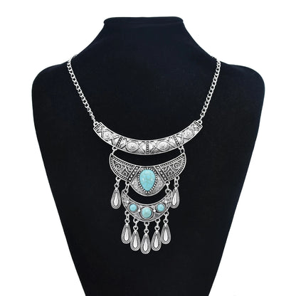 Bohemian Black Blue Stones, Coin tassel Necklace Turkish Gypsy Boho