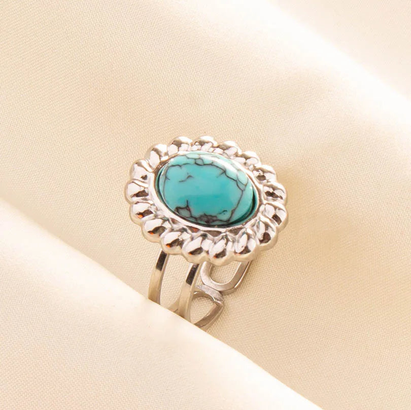 1pc Boho Turquoise Ring Stainless Steel Light Blue Gemstone Silver Adjustable Ring