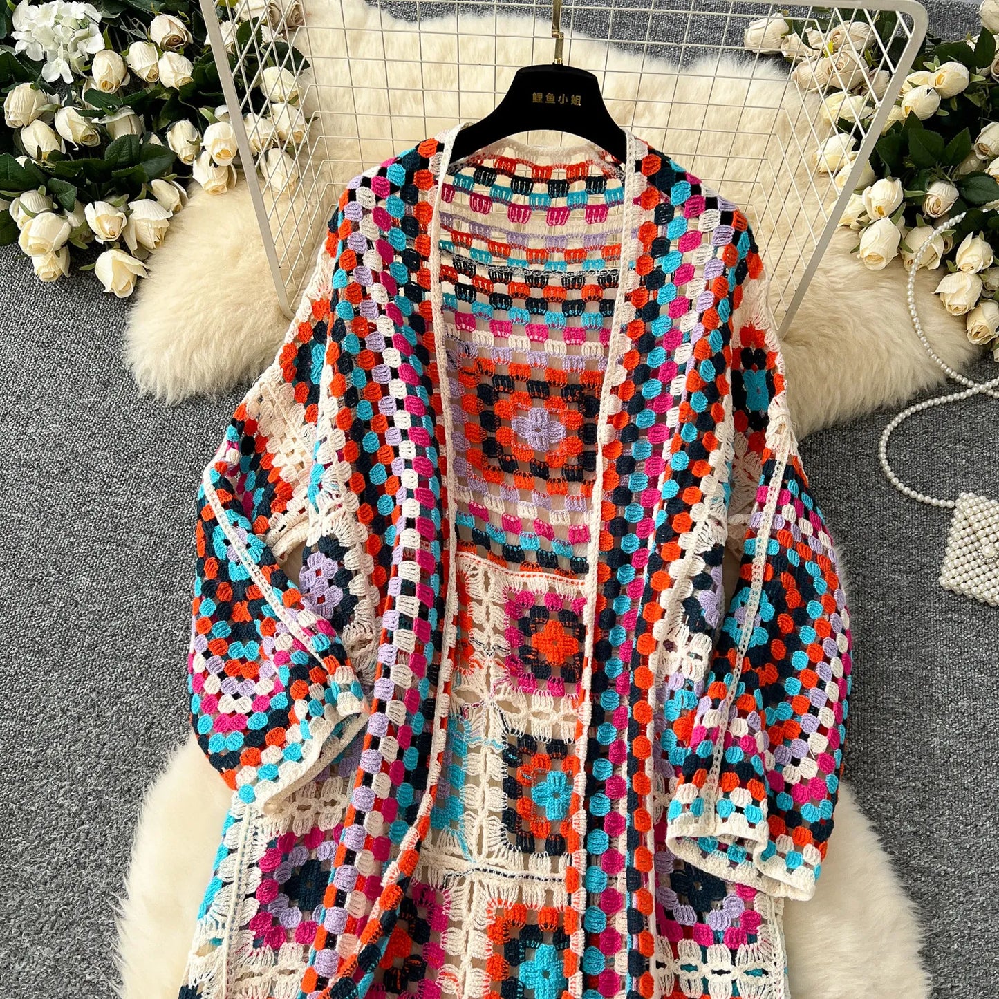 Boho Crocheted Knit Cardigan Midi Length