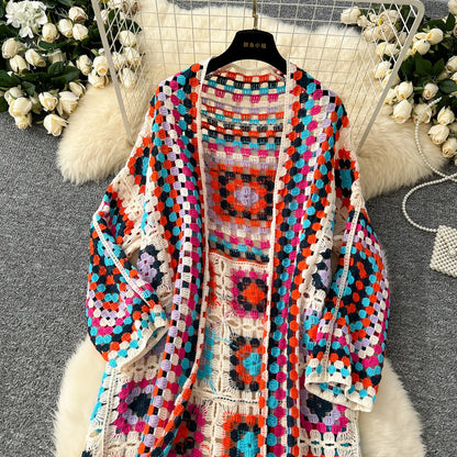 Boho Crocheted Knit Cardigan Midi Length
