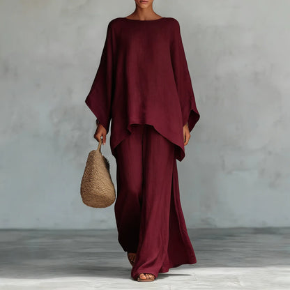Retro Loose Linen, Long-Sleeved, Extra-Wide Legged Pantsuit, Angled Hem on Top Hem and Sleeves. Comes in Wine Red, White, Grey, Black, and Khaki