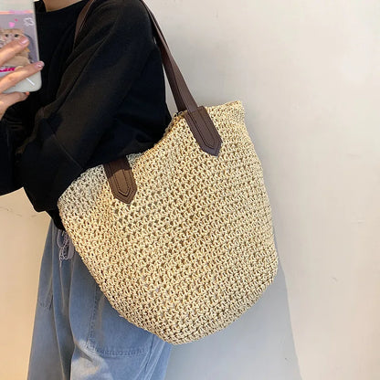 Handmade Rattan Woven Shoulder Bags Large Capacity Boho Straw Bag