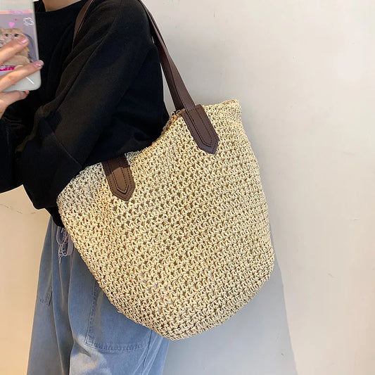 Handmade Rattan Woven Shoulder Bags Large Capacity Boho Straw Bag