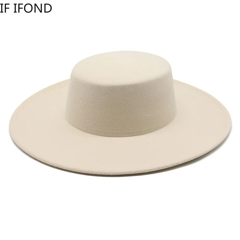 French Wide Brim Women's Fedora Wool Hat  Flat Top Felt in Marigold, White, and Black.