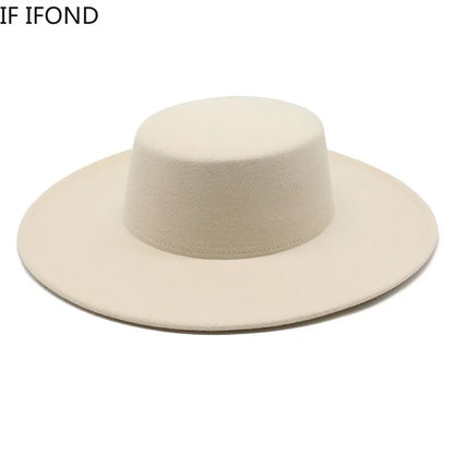 French Wide Brim Women's Fedora Wool Hat  Flat Top Felt in Marigold, White, and Black.
