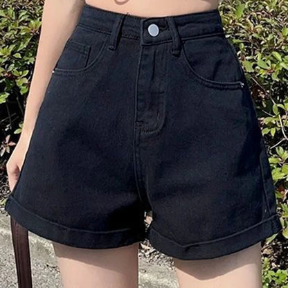 Rolled Edge Denim Shorts Blue Black Gray A-Line Short Jeans