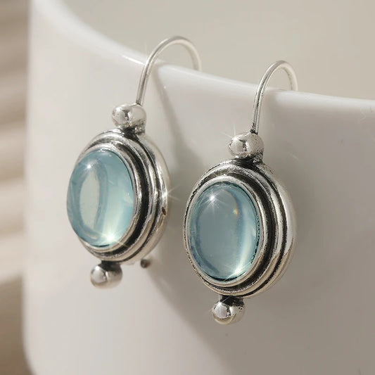 Vintage Silver Color Oval Inlaid Stone Pendant Earrings