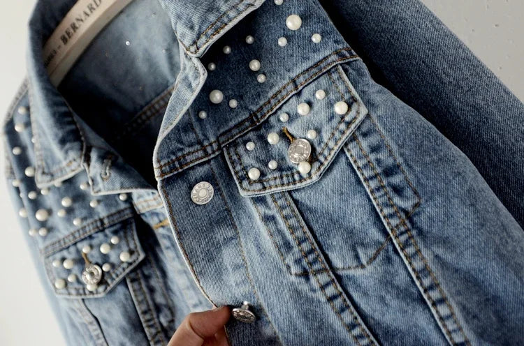 To Sizes 5XL Versatile Pearl Cropped Denim Jacket Loose Fit