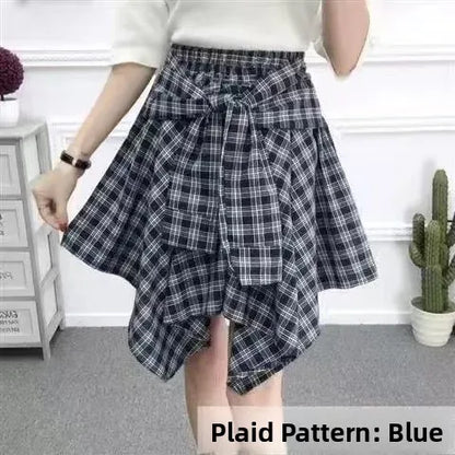 Sporty Street Style with Ruffle and Bow Tie Asymmetrical Hankie Hemline Elastic Waist, Plaid Patterned Skirt--Sizes 58 Centimeter Waist