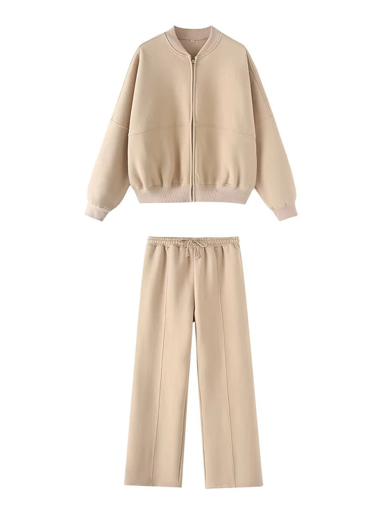Warm 2 Piece Sweatsuits, Thick Fleece, Zipper Jacket, Batwing Sleeves, Clean Lines