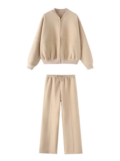 Warm 2 Piece Sweatsuits, Thick Fleece, Zipper Jacket, Batwing Sleeves, Clean Lines