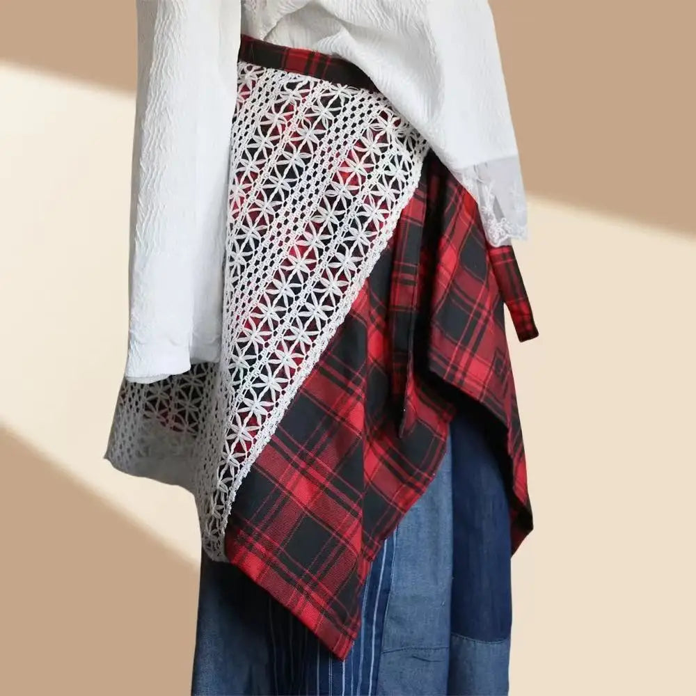 Sporty Street Style with Ruffle and Bow Tie Asymmetrical Hankie Hemline Elastic Waist, Plaid Patterned Skirt--Sizes 58 Centimeter Waist