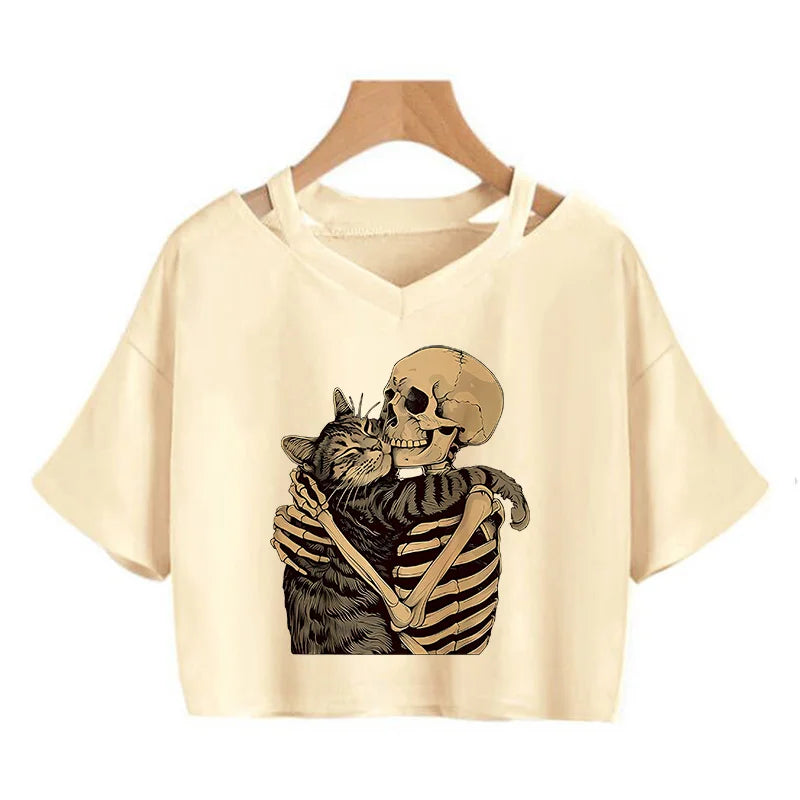 Halloween Skeleton and Cat Print Cropped T-Shirt, Comfortable Short Sleeve Gothic Vintage