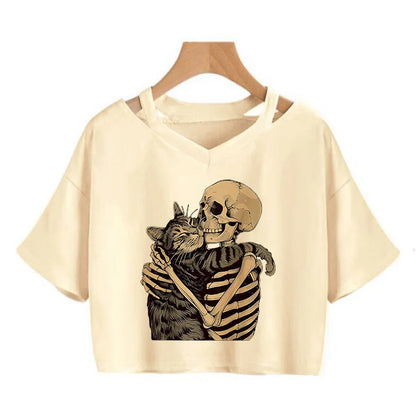 Halloween Skeleton and Cat Print Cropped T-Shirt, Comfortable Short Sleeve Gothic Vintage