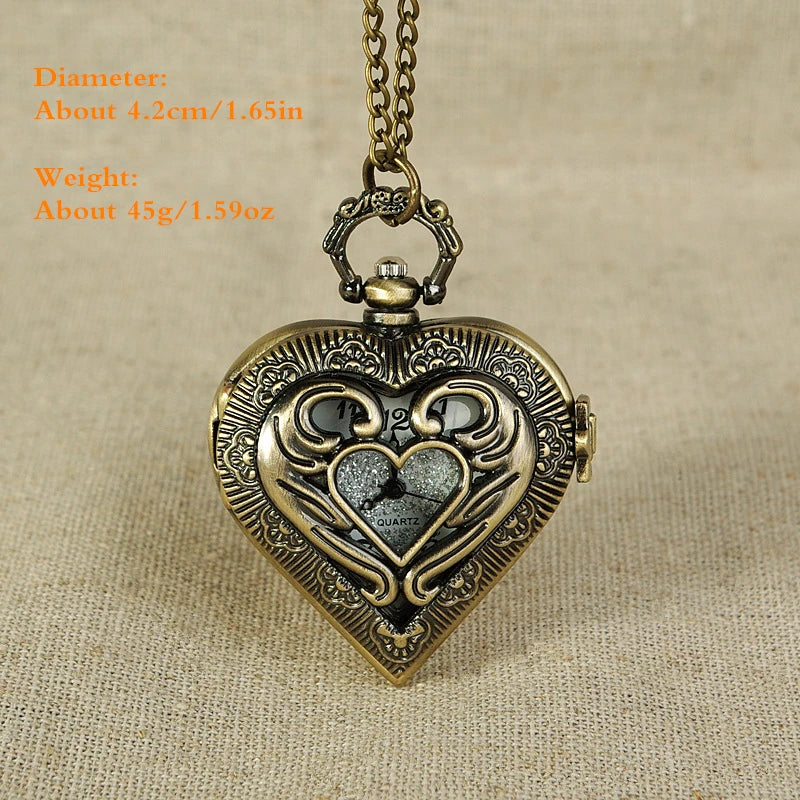 Vintage Bronze Heart Shape Pendant Quartz Pocket Watch with Necklace Chain