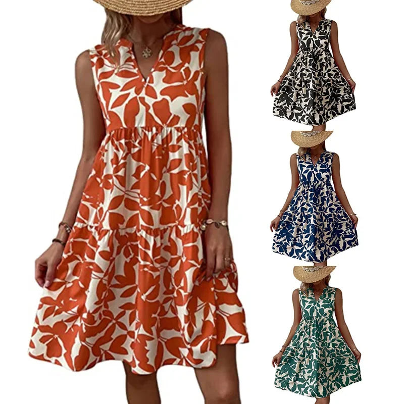 Sizes to 2XL, Boho Print Mini Dress, Sleeveless V Neck, A Line Tank Dress Casual Loose Oversize