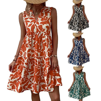 Sizes to 2XL, Boho Print Mini Dress, Sleeveless V Neck, A Line Tank Dress Casual Loose Oversize