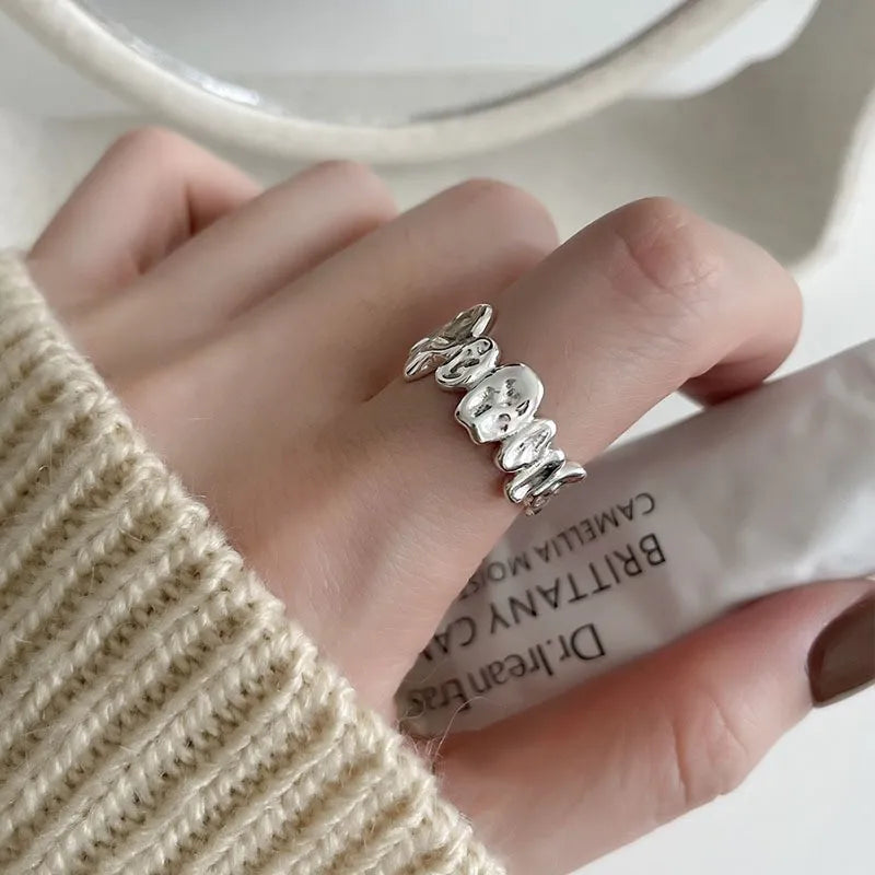 Sterling Silver Rings INS Fashion Vintage Hollow Lines  Adjustable  Jewelry