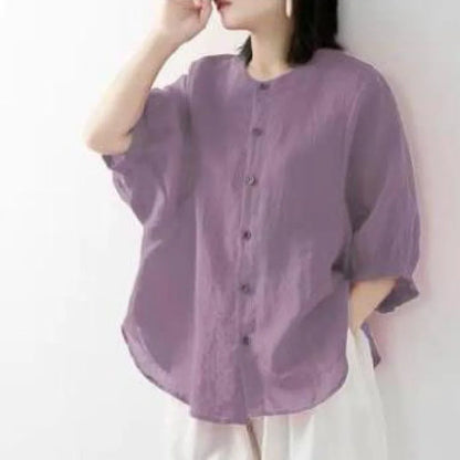 Sizes to 4XL, Cotton-linen blend shirt solid colors with lantern sleeves stand collar loose large size shirt. Variety of colors