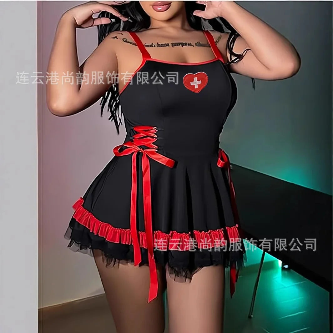 Sexy Nurse Costume Set with Red Cross Detail Mini Dress Halloween Party Wear in black or white